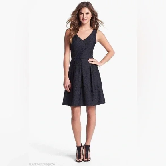 Trina Turk Black Floral Lace Kianna Fit & Flare Pleated Dress with Belt 2